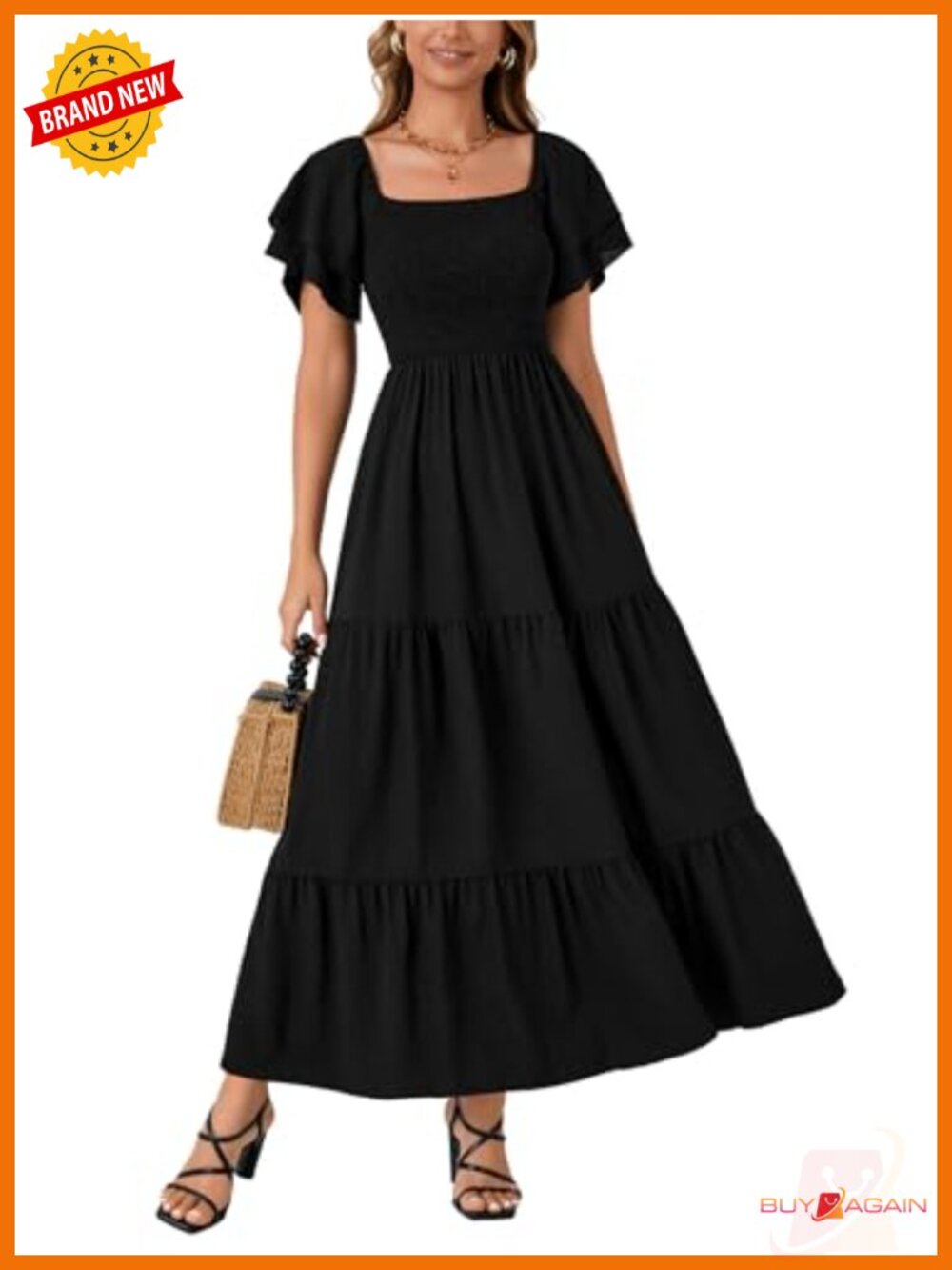 LYANER Square Neck Ruffle Sleeve Midi Dress A-Line Summer Boho Fit Flare